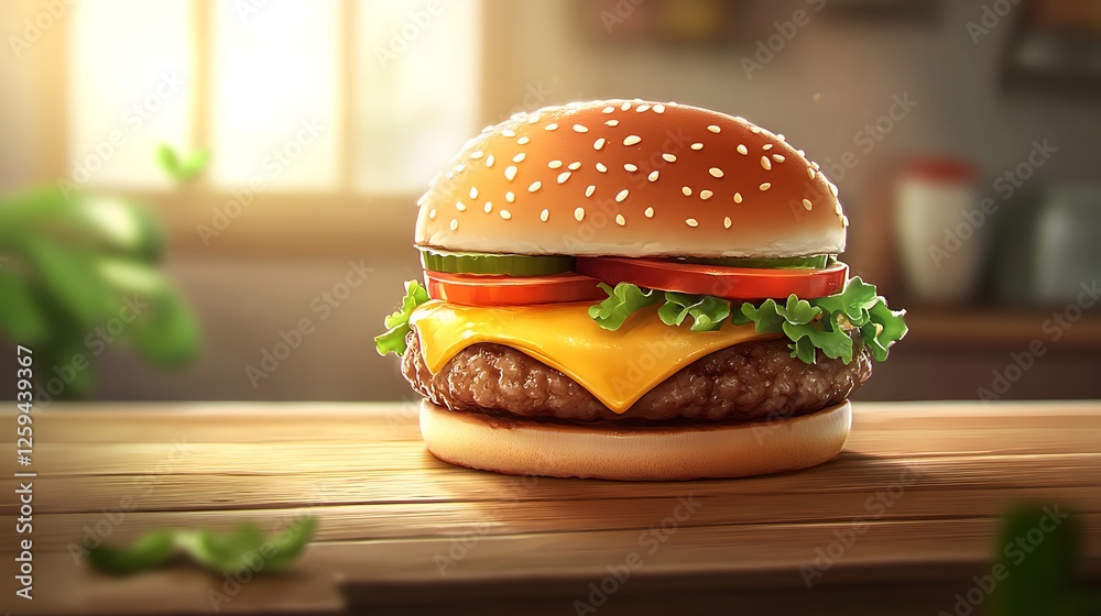 custom made wallpaper toronto digitalJuicy cheeseburger on wooden table.