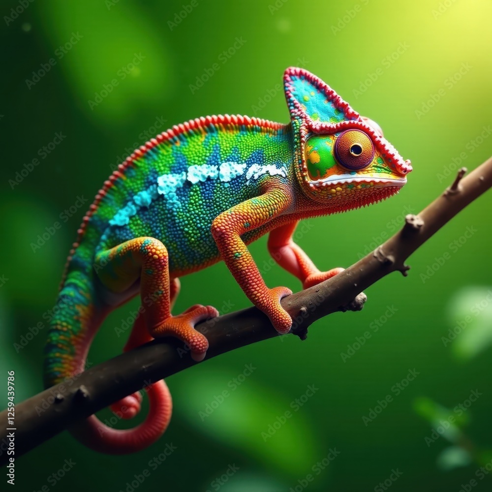 Fototapeta premium Vibrant Fischer's chameleon perched on a leafy branch, green, nature photography, lizard
