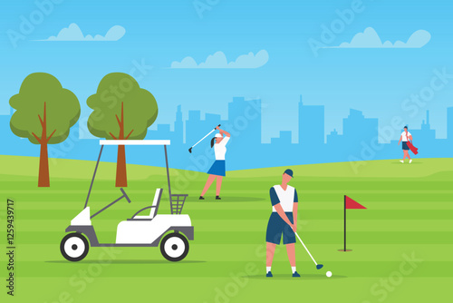 Golf Course Scene - People Playing Golf with Golf Cart and Cityscape 2d flat vector illustrations