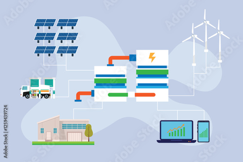 Renewable Energy Storage and Distribution - Solar, Wind, and Smart Grid System 2d flat vector illustrations