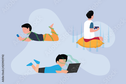 Digital Addiction Concept - Illustration of Kids Addicted to Screens and Video Games 2d flat vector illustrations