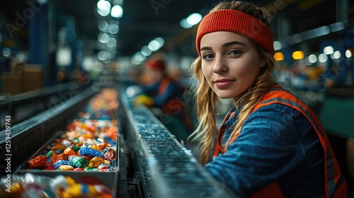 Young woman working in a colorful sorting facility, focused on her task amidst busy background
