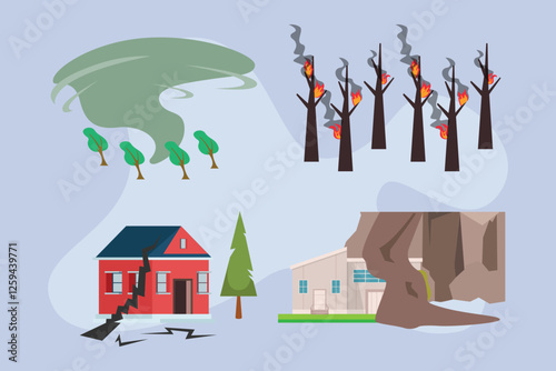 Natural Disasters Illustration - Tornado, Wildfire, Earthquake, and Landslide Effects 2d flat vector illustrations