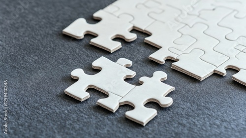 Scene of a puzzle setup. Featuring puzzle pieces, a partially completed puzzle, and a puzzle mat. Highlighting the relaxation of solving puzzles. Ideal for leisure blogs. photo