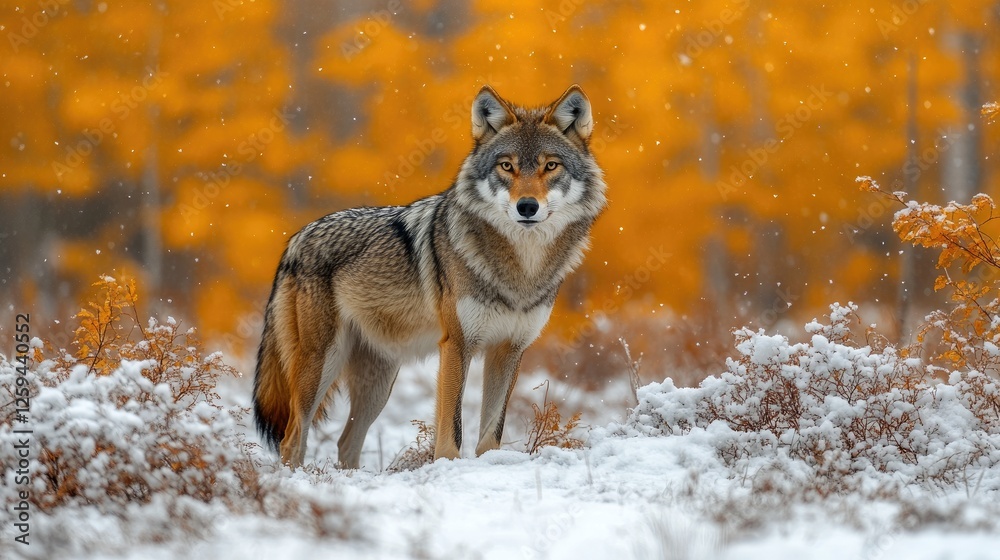 Obraz premium A majestic coyote standing in a snowy landscape with vibrant orange foliage in the background