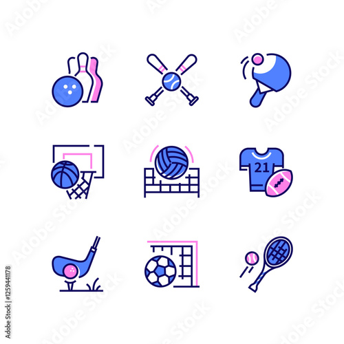 Ball games equipment - line design style icons set