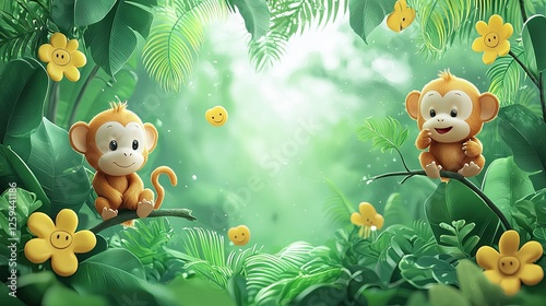 Two playful cartoon monkeys sitting on branches surrounded by vibrant green foliage and flowers