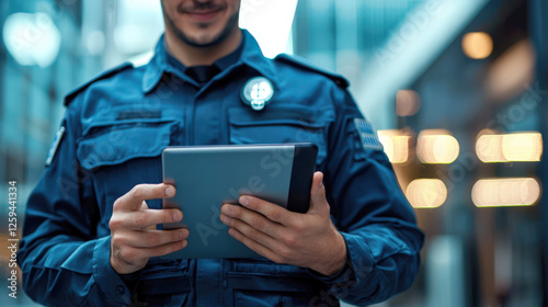 A police officer checks the data on a tablet. A uniformed policeman holds a tablet in his hands while standing on the street. The concept of law and order. The service for the protection