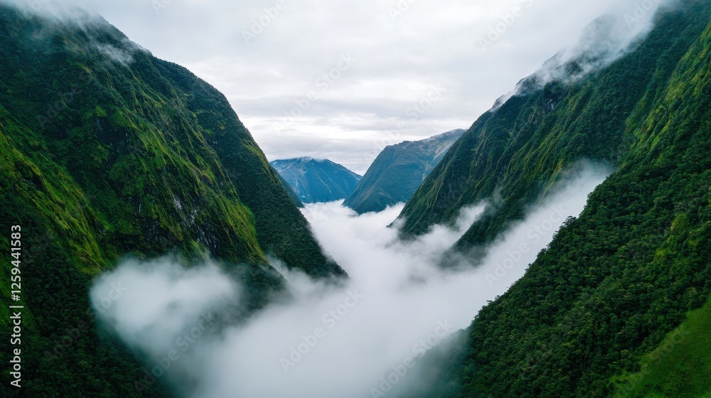 Obraz premium Lush green valleys shrouded in mist, with mountains rising steeply on either side, create a serene and dramatic landscape.