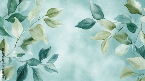Delicate Watercolor Leaves on Light Blue Background