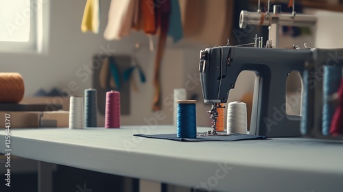 Scene of a sewing setup. Featuring fabric, sewing machine, and spools of thread. Highlighting the precision of sewing. Ideal for DIY and craft blogs. photo