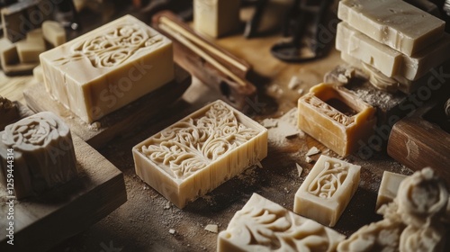 Scene of a soap carving setup. Featuring soap blocks, carving tools, and designs. Highlighting the art of intricate soap carving. Ideal for craft and DIY blogs. photo