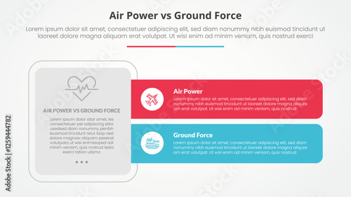 air power vs ground force comparison opposite infographic concept for slide presentation with big box and long rectangle shape with flat style