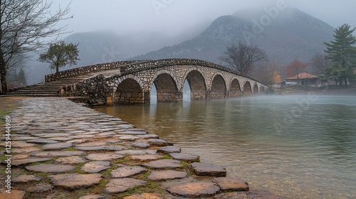 Serene stone bridge over misty waters, surrounded by mountains and trees in a tranquil landscape