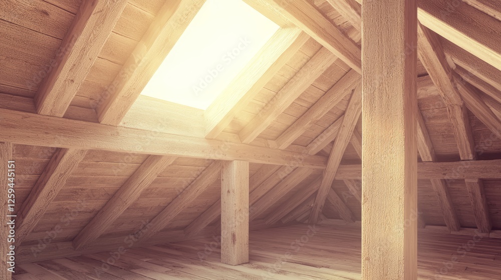 High Angle Shot of Timber Framed Attic with Skylight Illumination High Angle Shot of Timber Framed Attic with Skylight Illumination