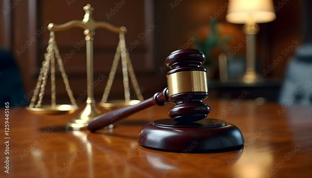 The theme of law and justice depicted with a wooden gavel and golden scales on a wooden table The theme of law and justice depicted with a wooden gavel and golden scales on a wooden table