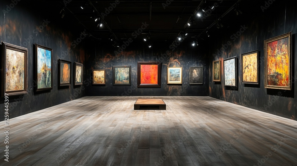 Art gallery auction featuring a framed painting prominently displayed with a striking red label, inviting bids from art enthusiasts and collectors