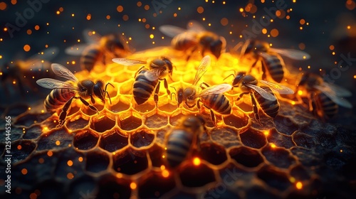 Close-up of bees gathering nectar on a glowing honeycomb at dusk, with a magical ambiance