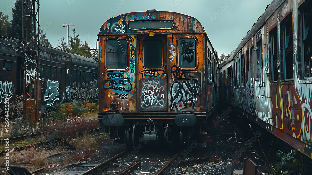 Fototapeta premium Rusty Abandoned Electric Train, Ideal for Urban Decay and Transportation Illustrations