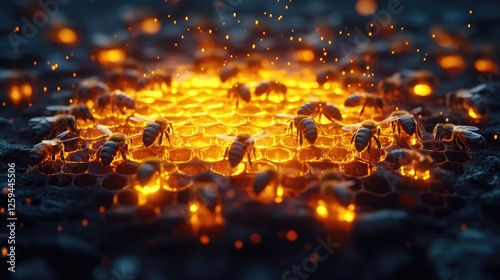 Close-up view of bees working on a glowing honeycomb, with sparks in the dark background