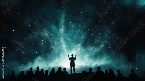 Galactic Harmony, A choir and soloist perform under a vibrant galaxy backdrop, creating an ethereal and expansive musical experience.