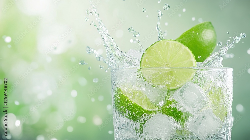 Ice cubes cascade into a glass of zero-alcohol spirit, vibrant lime wedge adds zest, refreshing beverage captures lively movement. Ice cubes cascade into a glass of zero-alcohol spirit, vibrant lime wedge adds zest, refreshing beverage captures lively movement.