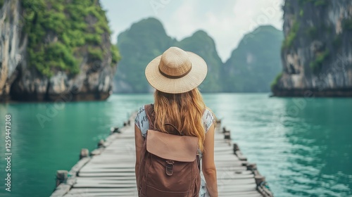 A female backpacker in a sunhat and sunglasses stands on a wooden pier in Halong Bay, Vietnam, with the iconic limestone karsts rising out of the emerald-green water. The peaceful scene feels like a p