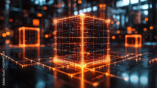 Futuristic digital landscape featuring glowing cubes in a high-tech environment with vibrant lights