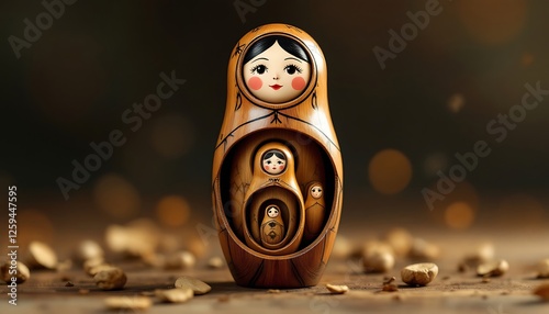 Matryoshka Nesting Dolls Wooden Craft with Inner Dolls on Wooden Table