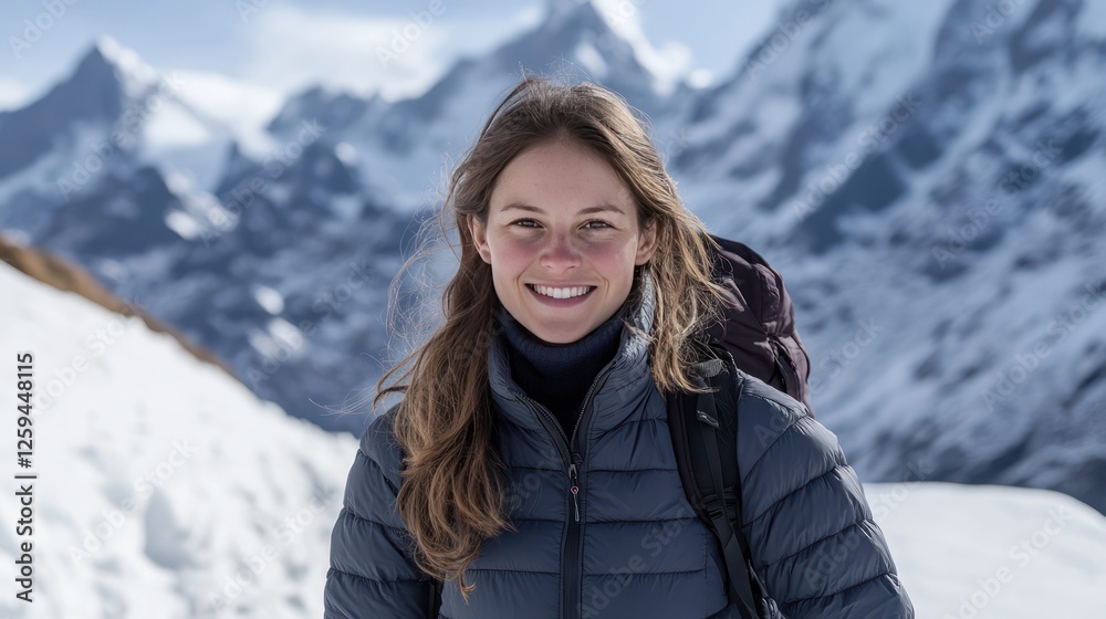 A female backpacker in a puffer jacket and gloves stands on a snowy trail in the Himalayas, Nepal, with the towering peaks of Mount Everest in the distance. The crisp, cold air and pristine snow creat A female backpacker in a puffer jacket and gloves stands on a snowy trail in the Himalayas, Nepal, with the towering peaks of Mount Everest in the distance. The crisp, cold air and pristine snow creat