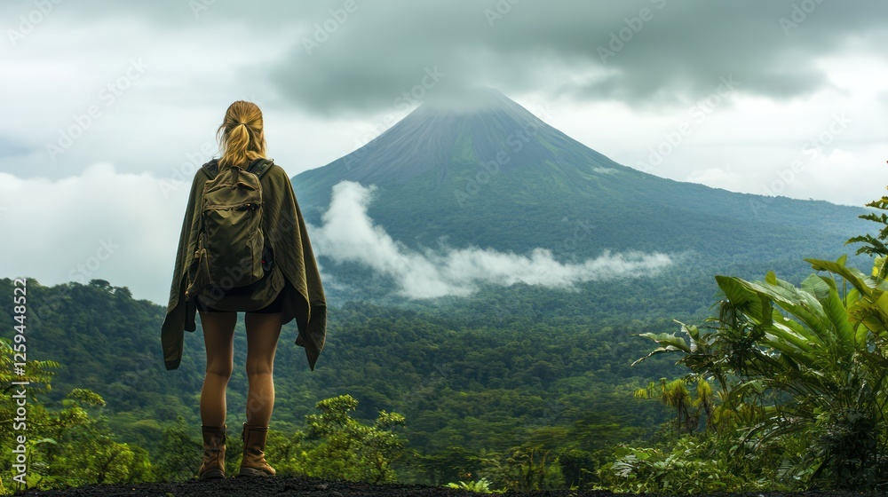 A female backpacker in a poncho and hiking boots stands in front of the Arenal Volcano, Costa Rica, with steam rising from its peak. The lush rainforest surrounding the volcano adds to the dramatic A female backpacker in a poncho and hiking boots stands in front of the Arenal Volcano, Costa Rica, with steam rising from its peak. The lush rainforest surrounding the volcano adds to the dramatic