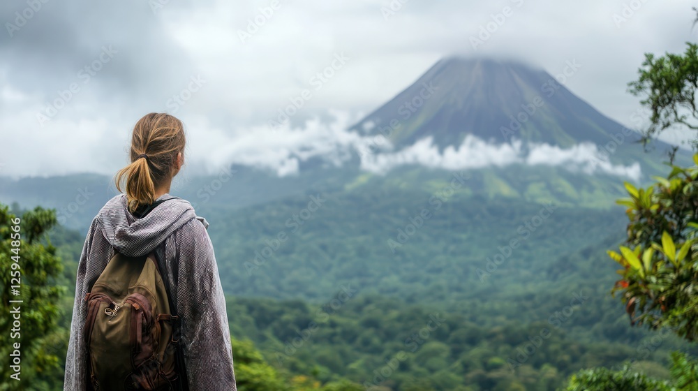 Fototapeta premium A female backpacker in a poncho and hiking boots stands in front of the Arenal Volcano, Costa Rica, with steam rising from its peak. The lush rainforest surrounding the volcano adds to the dramatic sc