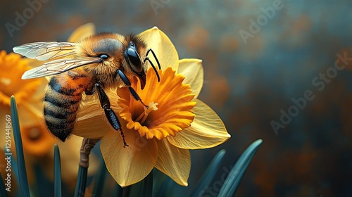 Close-up of a bee pollinating a vibrant yellow daffodil in a serene garden setting