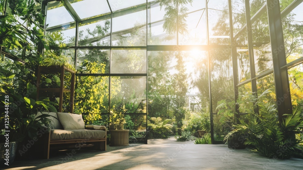 Bright and Airy Glass Atrium with Lush Greenery and Natural Light Bright and Airy Glass Atrium with Lush Greenery and Natural Light