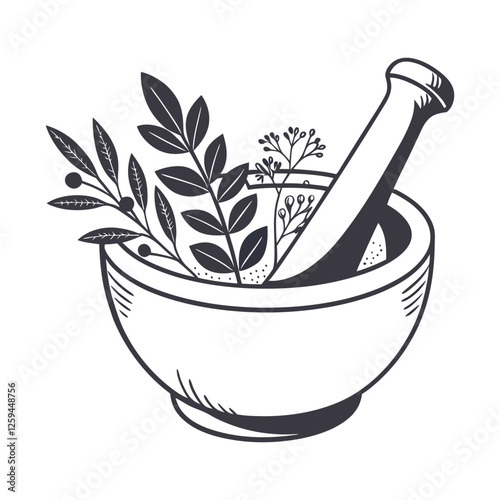 Mortar and pestle with herbs line art vector illustration design