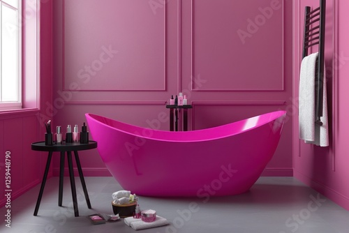 Viva magenta luxury bathroom with bright fixtures and black table, 3D.