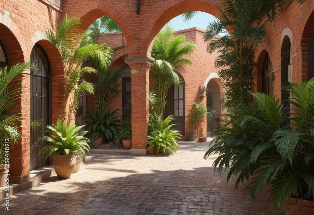 Fototapeta premium Cozy summer afternoon in a sun-drenched courtyard with arching palm leaves and exposed brick, peaceful, arching palm trees