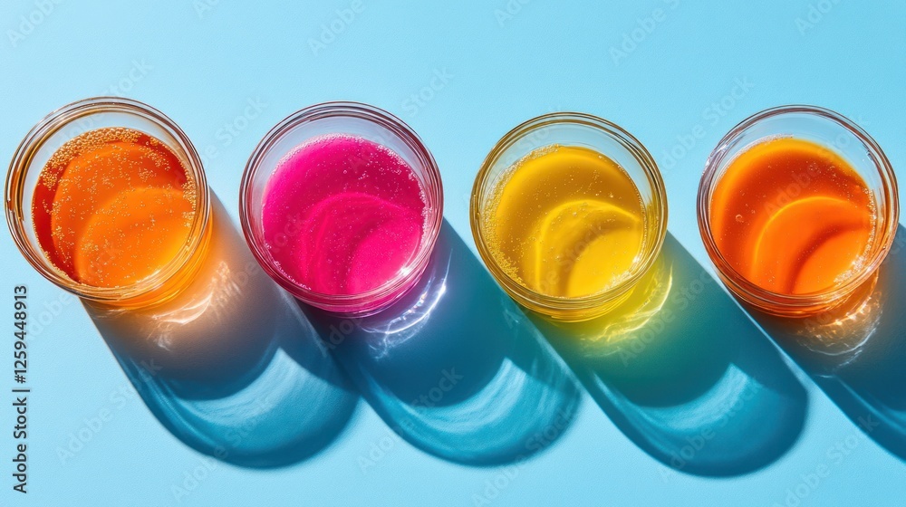Colorful drinks, studio shot, blue background, vibrant shadows, food photography Colorful drinks, studio shot, blue background, vibrant shadows, food photography