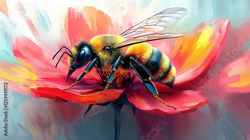 A vibrant bee perched on a bright red flower, showcasing nature's beauty in a colorful garden