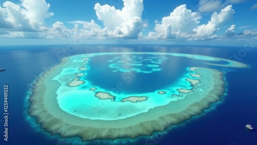 Aerial view of a coral atoll surrounded by clear blue ocean waters	 photo