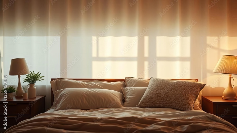 Fototapeta premium Cozy and inviting big bed with fluffy pillows in a bright, airy bedroom, home decor, relaxing, interior design