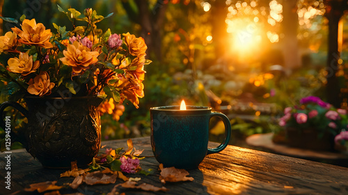 Wallpaper Mural Autumn sunset garden scene, flowers, candlelit mug Torontodigital.ca
