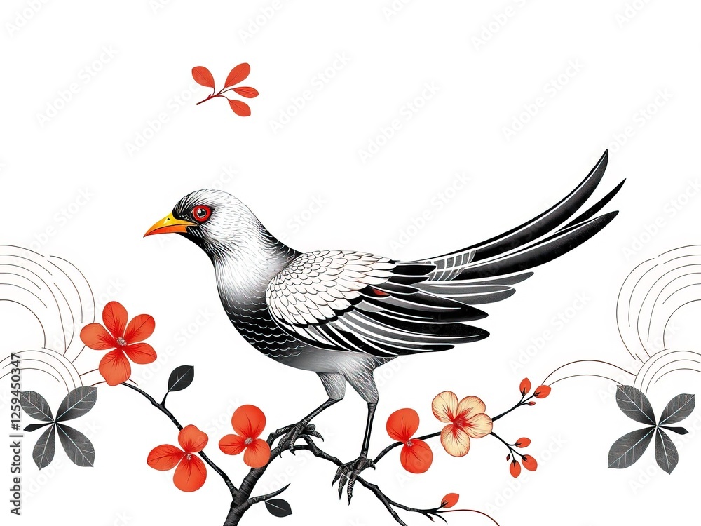 Fototapeta premium Chinoiserie Bird and Line Fusion: Abstract Art with Asian Influence