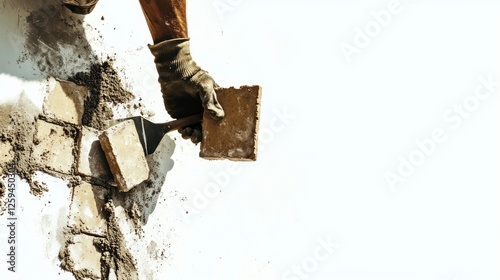 Bricklayer's hands holding a trowel and brick, a construction worker building a wall, isolated on a white background. Detailed illustration