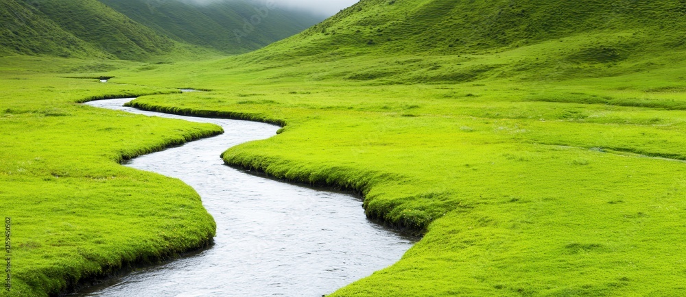 Naklejka premium A serene river flows through vibrant green meadows, surrounded by lush hills under a cloudy sky, creating a peaceful natural landscape.