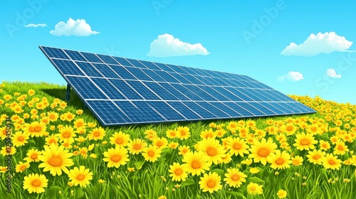 Solar panel in sunny field, flowers, renewable energy photo