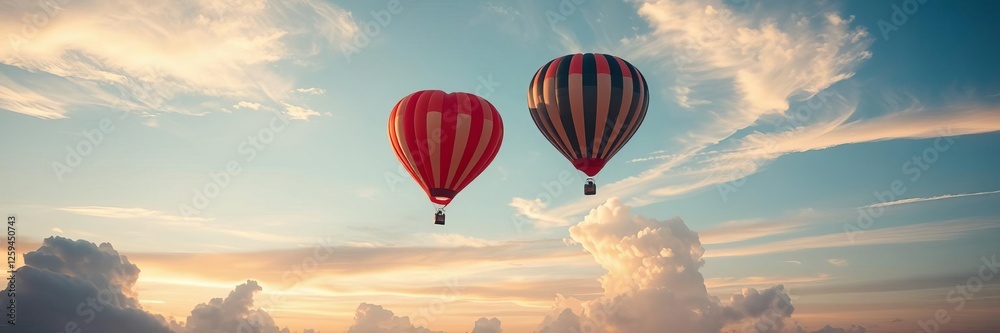 Obraz premium Hot air balloon in the shape of a heart floating in a blue sky with fluffy clouds, romance, flying, dreamy