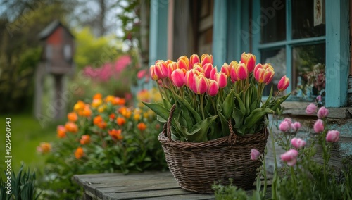 Wallpaper Mural Springtime Tulips in a Rustic Garden Basket Torontodigital.ca