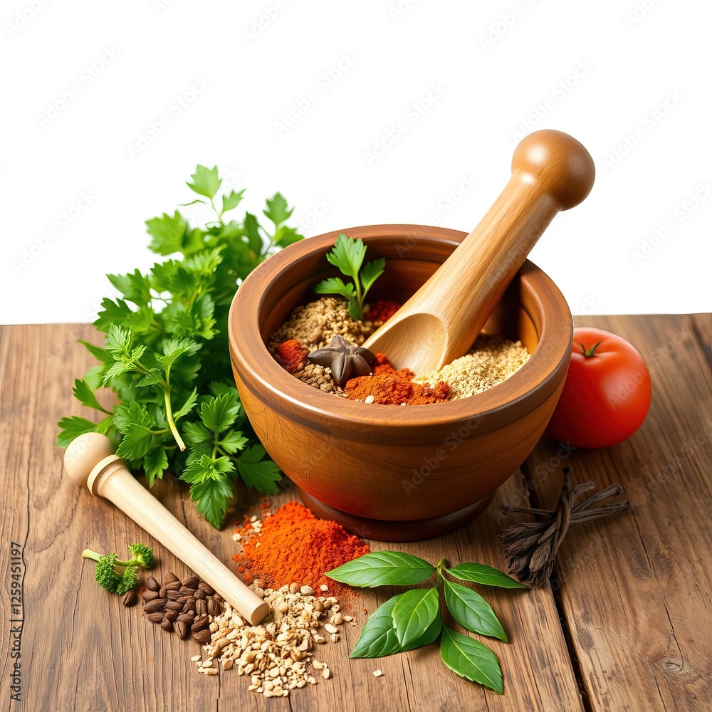 Culinary Alchemy: Mortar and Pestle Symphony on Rustic Wood Culinary Alchemy: Mortar and Pestle Symphony on Rustic Wood
