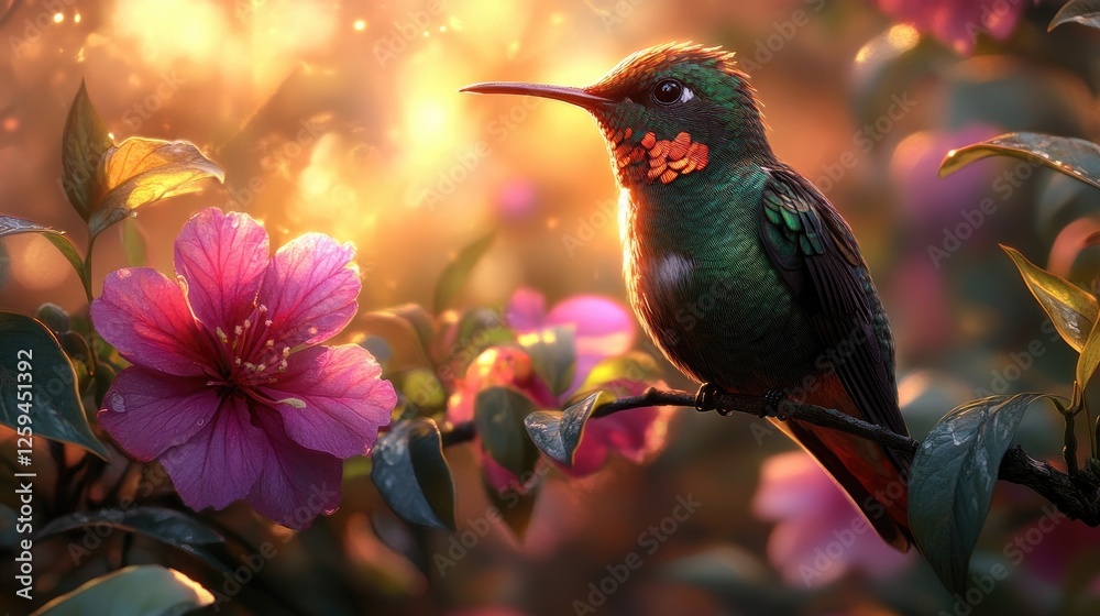 Fototapeta premium Vibrant hummingbird perched on a blooming flower branch, surrounded by a glowing sunset backdrop
